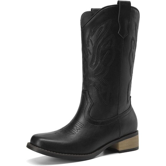 Shoes - Women's All Black Mid Calf Square Toe Boots Pull On Chunky Heel Embroidery